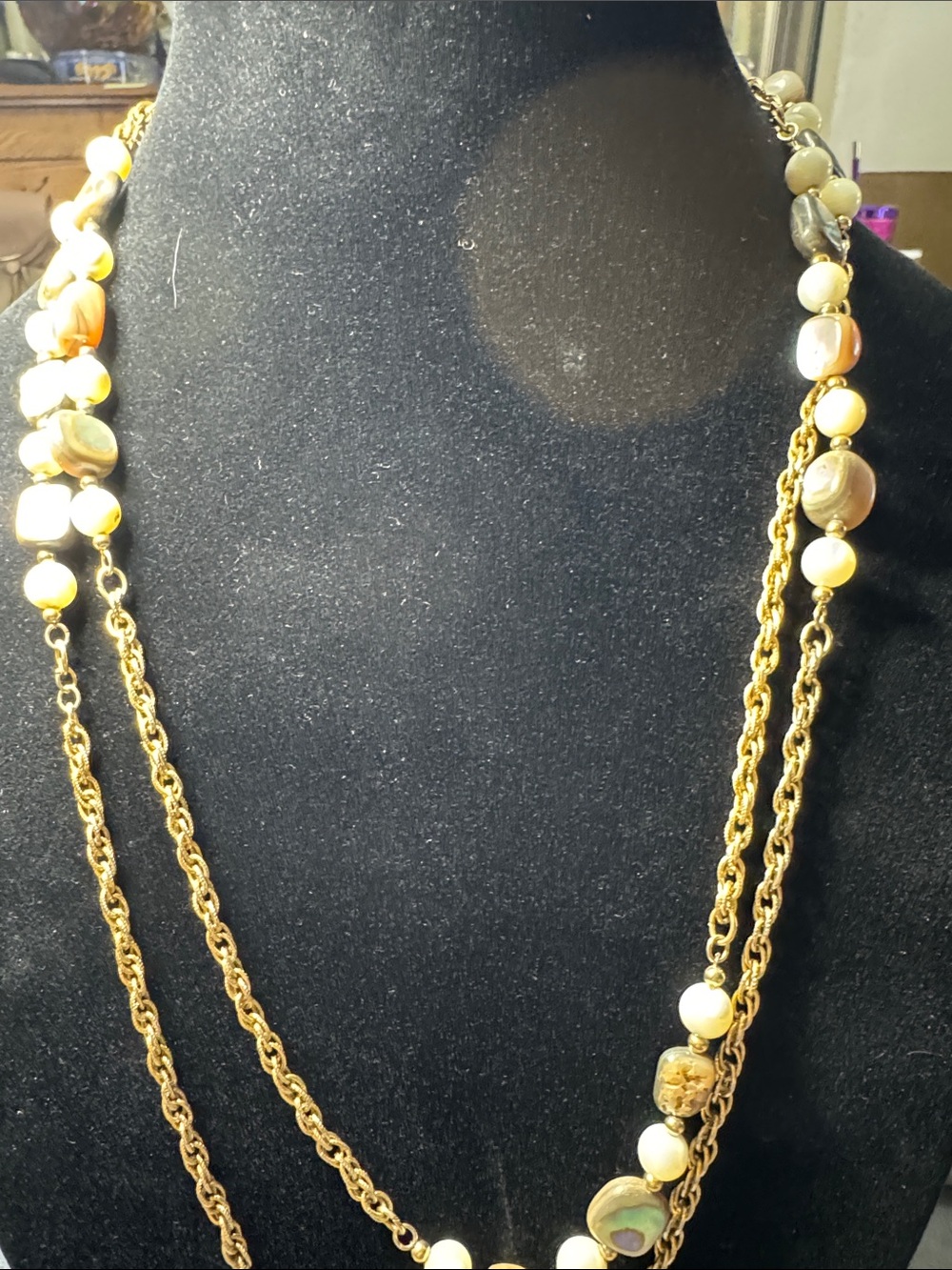 Vintage Napier Gold-Tone Multi-Strand Necklace with Abalone and Glass